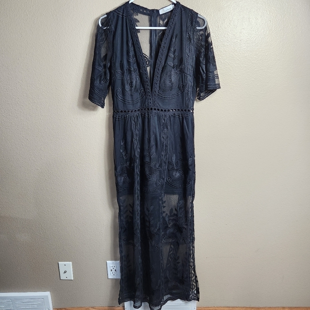 Eleter Womens Black Deep V-Neck Lace Romper Short Sleeve Long Dress-Size S - Picture 5 of 16